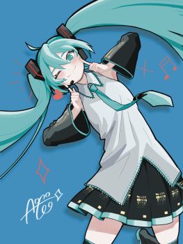 Rule 34 | 1girl, absurdres, ahoge, aono leo1, aqua eyes, aqua hair, aqua nails, aqua necktie, black skirt, blue background, blush, closed mouth, collared shirt, commentary request, detached sleeves, eyelashes, fingernails, fingers to cheeks, grey shirt, hair between eyes, hatsune miku, headset, heart, highres, long hair, musical note, nail polish, necktie, notice lines, one eye closed, shirt, signature, simple background, skirt, smile, solo, twintails, vocaloid