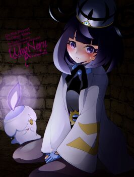 1girl belt belt_buckle black_dress black_hair black_pantyhose blue_gloves blush bob_cut brick_wall buckle closed_mouth coat commentary_request dress eyelashes gen_5_pokemon gloves gradient_hair gwynn_(pokemon) hat highres litwick long_sleeves looking_at_viewer multicolored_hair nintendo o-ring o-ring_belt open_clothes open_coat pantyhose partially_fingerless_gloves pokemon pokemon_(creature) pokemon_legends:_z-a purple_eyes purple_hair short_hair signature sitting sweatdrop wagu_neru wariza white_coat