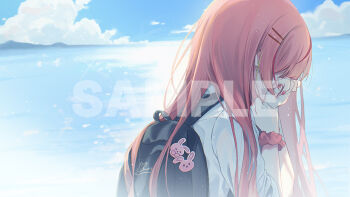 1girl backpack bag blue_sky cloud collared_shirt day from_side hair_ornament hairclip hanako_nana hand_up horizon long_hair multicolored_hair nail_polish ocean official_art outdoors pink_hair red_hair red_nails red_scrunchie school_uniform scrunchie shirt silltare sky solo stellive streaked_hair upper_body water white_shirt wrist_scrunchie
