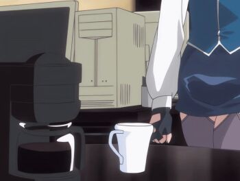 00s 1girl 2006 animated animated_gif bible_black bible_black_new_testament breasts brown_hair cleavage cleavage_cutout clothing_cutout coffee coffee_mug cup gloves green_eyes high_heels imari_kurumi indoors large_breasts long_hair mug shin_bible_black side_ponytail sitting sitting_on_table skirt smile tagme thighhighs tokken_division zettai_ryouiki