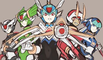 1girl 4boys armor blue_armor blue_helmet brother_and_sister brothers brown_background copy_x_(mega_man) cowboy_shot facial_mark fairy_leviathan_(mega_man) fighting_fefnir_(mega_man) fins forehead_jewel green_armor green_eyes green_helmet group_picture head_fins helmet hidden_phantom_(mega_man) horns mechanical_wings mega_man_(series) mega_man_zero_(series) multiple_boys purple_armor purple_eyes purple_helmet raica_(khongbautroi) red_armor red_eyes red_helmet sage_harpuia_(mega_man) siblings simple_background sitting sketch standing vernier_thrusters winged_helmet wings