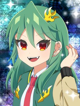 Rule 34 | 1girl, anime coloring, artist request, brown jacket, chifuin gyai, close-up, dragon musume ni naritakunai!, duel masters, ear piercing, fang, green hair, green jacket, hair between eyes, hair down, hair ornament, highres, jacket, long hair, multicolored jacket, necktie, official art, open clothes, open jacket, orange eyes, piercing, red necktie, shirt, solo, sparkle, teeth, upper body, upper teeth only, white shirt