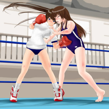 Rule 34 | #13, 2girls, arena, ayano (#13), battle, blush, boots, boxing, boxing gloves, brown hair, bruise, buruma, domination, embarrassed, femdom, fighting, gloves, gym uniform, humiliation, injury, kagura (#13), moaning, multiple girls, ponytail, puching, swimsuit, wrestling, wrestling ring