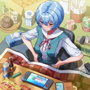 1girl absurdres ayanami_rei blue_hair blue_skirt bottle box breasts can cardboard_box cellphone chewing_gum closed_mouth collared_shirt commentary_request controller cup drink_can energy_drink food from_above hair_between_eyes handheld_game_console hands_on_own_hips highres indoors instant_cup_noodles instant_noodles kotatsu medium_breasts neck_ribbon neon_genesis_evangelion nintendo nissin_cup_noodle phone playing_games playing_video_games pocky pokemon pokemon_legends:_z-a power_strip red_bull red_eyes red_ribbon remote_control ribbon rug school_uniform shirt short_hair sitting skirt smartphone smile snack_bag solo suspender_skirt suspenders table tatami teapot tissue_box tokyo-3_middle_school_uniform trash_can white_shirt yahha