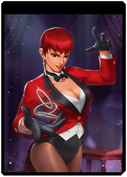 1girl bodysuit bow bowtie breasts cleavage curvy dark-skinned_female dark_skin earrings female_focus formal_clothes gloves huge_breasts jewelry large_breasts leotard no_pants open_clothes panties pantyhose red_eyes red_hair ring see-through_clothes short_hair smile smiley_face standing suit table tan the_king_of_fighters thick_thighs thighs underwear vice_(kof) wide_hips