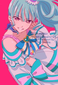 1girl blue_hair bow bowtie collarbone commentary_request cure_lillian dress earrings hat highres jewelry long_hair looking_at_viewer mini_hat mini_top_hat nekoyashiki_mayu pink_background precure purple_eyes smile solo strawberrylove2525 striped_bow striped_bowtie striped_clothes top_hat white_arm_warmers white_dress wonderful_precure!