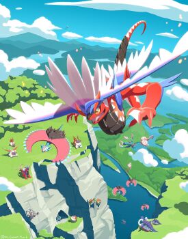 above_clouds absurdres brute_bonnet cave cloud commentary day flutter_mane flying grass great_tusk highres komepan koraidon lake nintendo no_humans outdoors pokemon pokemon_(creature) roaring_moon sandy_shocks scream_tail sky slither_wing water