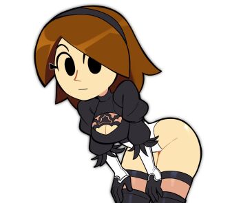 2b_(nier:automata) 2b_(nier:automata)_(cosplay) alternate_ass_size alternate_breast_size_(larger) alternate_costume ass bent_over black_dress black_hairband breasts brown_hair cleavage cleavage_cutout clothing_cutout commentary cosplay dress english_commentary expressionless eyelashes feather-trimmed_sleeves gloves hairband hands_on_own_thighs juliet_sleeves leotard long_sleeves looking_at_viewer mii_(nintendo) mii_gunner mii_gunner_(smash_4) mob_face nier:automata nier_(series) nintendo puffy_sleeves scott_falco sleeved_leotard solid_oval_eyes super_smash_bros. thighhighs white_background