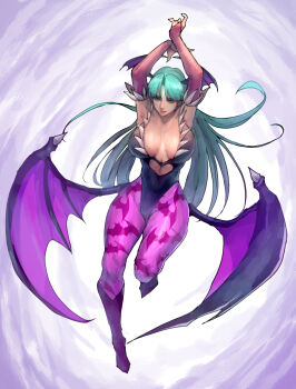 1girl absurdres animal_print aqua_hair bat_print bat_wings breasts bridal_gauntlets cirenk cleavage commentary darkstalkers demon_girl head_wings highleg highleg_leotard highres leotard long_hair low_wings morrigan_aensland oversized_wings pantyhose print_pantyhose purple_pantyhose revision solo straight_hair thick_thighs thighs wings