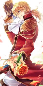 1boy achan_(blue_semi) ascot bad_id bad_twitter_id blonde_hair blue_eyes coat cowboy_shot eiyuu_densetsu epaulettes falcom flower gun holding holding_flower holding_gun holding_weapon looking_at_viewer male_focus olivert_reise_arnor petals ponytail rose sen_no_kiseki sen_no_kiseki_(series) sen_no_kiseki_i sen_no_kiseki_ii solo sora_no_kiseki uniform weapon white_background