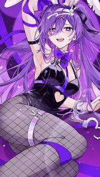 1girl ahoge animal_ears arm_belt arm_strap arm_up armpits black_leotard black_pantyhose black_ribbon blush bow bowtie breasts bright_pupils broken_heart card chest_harness clothing_cutout collar colored_inner_hair commentary cross cuffs cutout_above_navel detached_collar earrings fishnet_pantyhose fishnets hair_ornament hair_over_one_eye hair_ribbon handcuffs harness headband heart heart-shaped_pupils heart_cutout heart_hair_ornament heterochromia highres hoop_earrings indie_utaite jewelry latin_cross leotard long_hair looking_at_viewer mekabusoup multicolored_hair o-ring o-ring_thigh_strap open_mouth pantyhose playboy_bunny playing_card purple_bow purple_bowtie purple_eyes purple_hair purple_nails purple_ribbon rabbit_ears rabbit_hair_ornament rabbit_hole_(vocaloid) ribbon sidelocks single_handcuff sitting small_breasts smile solo spotlight sweat symbol-only_commentary symbol-shaped_pupils teardrop_facial_mark teeth thigh_strap tonochuu_(yukimura) two_side_up upper_teeth_only white_collar white_headband white_pupils wrist_ribbon x_hair_ornament