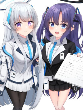 2girls aqua_necktie black_gloves black_jacket black_suit blue_archive blue_eyes blue_hair blue_necktie blush breasts closed_mouth collared_shirt commentary_request formal_clothes gloves hair_between_eyes hair_ornament half_gloves halo headgear headphones highres jacket large_breasts long_hair long_sleeves looking_at_viewer mechanical_halo multiple_girls necktie noa_(blue_archive) open_clothes open_jacket open_mouth purple_eyes purple_hair school_uniform shirt sidelocks skirt smile suit teeth triangle_hair_ornament two-sided_fabric two-sided_jacket two_side_up upper_body upper_teeth_only very_long_hair white_hair white_halo white_jacket white_shirt white_suit yuuka_(blue_archive) yuzuri_amane
