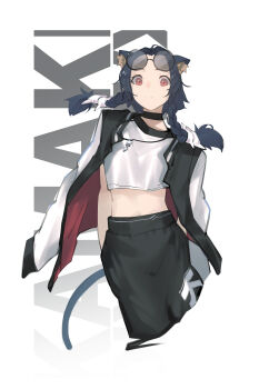 1girl animal_ear_fluff animal_ears black_choker black_jacket black_pants braid braided_sidelocks cat_ears cat_girl cat_tail choker commentary_request crop_top cropped_legs cropped_shirt curtained_hair eyewear_on_head floating_hair hair_tubes hands_in_pockets highres jacket jacket_on_shoulders jewelry kamatpit long_sleeves looking_at_viewer midriff multicolored_jacket navel necklace open_clothes open_jacket original pants parted_bangs parted_lips pendant red_eyes shirt short_hair_with_long_locks sidelocks solo sunglasses tail text_background twin_braids two-sided_fabric two-sided_jacket two-tone_jacket white_background white_jacket white_shirt