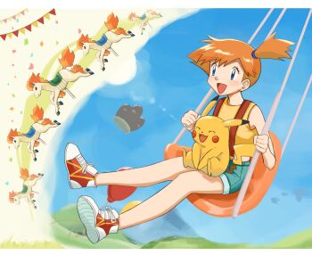 1girl :d asymmetrical_hair balloon blue_eyes blue_shorts blush cloud confetti day denim denim_shorts dugtrio eyelashes gen_1_pokemon grass green_shorts gym_leader happy highres holding makoto_(majime_5416) misty_(pokemon) nintendo open_mouth orange_hair outdoors pikachu pokemon pokemon_(anime) pokemon_(classic_anime) ponyta ponytail riding shirt shoes short_hair short_shorts shorts side_ponytail sitting sky sleeveless sleeveless_shirt smile sneakers suspender_shorts suspenders swing tank_top tongue yellow_shirt