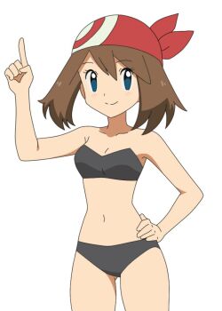 1girl arm_up bandana belly bikini black_bikini blue_eyes breasts brown_hair commentary holding looking_at_viewer may_(pokemon) medium_hair mnkr98 nintendo pokemon pokemon_rse red_bandana simple_background small_breasts smile solo swimsuit white_background