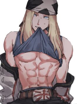 1boy abs axl_low bandana bare_shoulders belt belt_buckle blonde_hair blue_eyes blue_shirt brown_belt buckle clothes_in_mouth clothes_lift guilty_gear guilty_gear_strive highres jacket jacket_partially_removed kometubu0712 long_hair looking_at_viewer male_focus mouth_hold muscular muscular_male navel nervous nervous_sweating nipples pants partially_undressed pectorals shirt shirt_in_mouth shirt_lift simple_background sketch solo sweat sweatdrop union_jack white_background