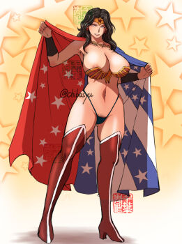 1girl black_hair blush breasts chiba_shuusaku cleavage dc_comics diana_prince female_pubic_hair large_breasts long_hair looking_at_viewer navel panties pubic_hair simple_background solo superhero_costume twitter_username underwear wonder_woman wonder_woman_(series)