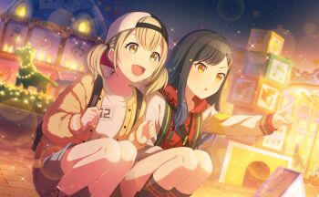 2girls :d azusawa_kohane backwards_hat black_hair black_hat black_socks blonde_hair blurry bokeh buddy_funny_spend_time_(project_sekai) carousel colorful_palette depth_of_field drawstring game_cg gradient_hair hair_ornament hairclip hat highres hood hoodie jacket looking_afar multicolored_hair multiple_girls musical_note official_art open_clothes open_jacket open_mouth project_sekai purple_hair red_hoodie shiraishi_an shirt smile socks sparkle squatting star_(symbol) star_hair_ornament third-party_source twintails two-tone_hat white_hat white_shirt yellow_eyes yellow_jacket