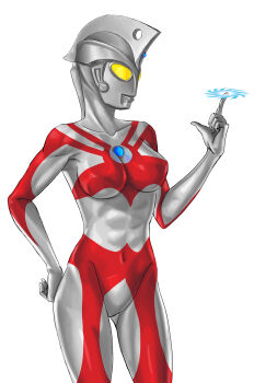 1girl abs absurdres alien blue_gem breasts collarbone color_timer colored_skin commentary compound_eyes covered_navel cowboy_shot dorsal_fin english_commentary forehead_jewel gem genderswap genderswap_(mtf) giant giantess glowing glowing_eyes gluteal_fold hand_on_own_hip hand_up highres index_finger_raised looking_ahead medium_breasts multicolored_skin neo_phantom no_pupils red_skin silver_skin simple_background tokusatsu toned toned_female two-tone_skin ultra_series ultra_slash ultraman_ace ultraman_ace_(series) white_background yellow_eyes