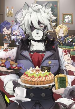 2boys 2others 5girls absurdres alexandrina_sebastiane animal_ears bangboo_(zenless_zone_zero) belle_(zenless_zone_zero) bicep_strap birthday_cake birthday_party black_nails body_fur box butler_(zenless_zone_zero) cake candle collared_vest confetti corin_wickes cup ellen_joe food furry furry_male gift gift_box gloves happy_birthday highres holding holding_gift holding_party_popper hugo_vlad incoming_food indoors looking_at_viewer mask multiple_boys multiple_girls multiple_others one_eye_covered painting_(object) partially_fingerless_gloves party_popper picture_frame red_eyes red_nails robin_(zenless_zone_zero) smile snout solo_focus tail tail_belt teacup user_uhpj5274 vest vivian_banshee von_lycaon white_fur white_hair wolf_boy wolf_ears wolf_tail zenless_zone_zero
