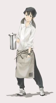 1girl apron bandana black_eyes black_hair coffee_pot female_focus flat_chest hand_in_pocket highres long_hair original popman3580 shoes smile sneakers solo twintails waitress watch