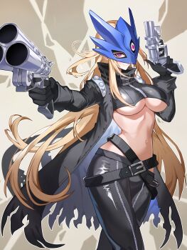 1girl absurdres beelstarmon belt black_coat black_gloves black_pants blonde_hair breasts coat currynoodle_art digimon digimon_(creature) digimon_story:_time_stranger eye_mask gloves gun highres holding holding_weapon large_breasts leather long_hair mask navel pants simple_background solo third_eye underboob weapon