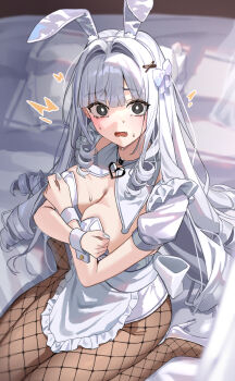 1girl animal_ears apron bed black_eyes blurry blurry_background blush bow breasts brown_pantyhose cleavage commentary covering_breasts covering_privates drill_hair fake_animal_ears fishnet_pantyhose fishnets grey_hair hair_ornament hairclip large_breasts leotard long_hair looking_at_viewer nail_polish nao_(naoooo_a) on_bed open_mouth original pantyhose playboy_bunny rabbit_ears sitting solo sweat symbol-only_commentary very_long_hair waist_apron white_bow white_hair white_leotard white_nails wrist_cuffs