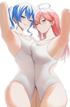 2girls ahoge arm_behind_head arm_up armpits asymmetrical_docking blue_eyes blue_hair breast_press breasts cleavage commentary double-parted_bangs green_eyes grin hair_between_eyes highres hololive hoshimachi_suisei large_breasts long_hair looking_at_viewer medium_breasts multiple_girls one-piece_swimsuit parted_lips pink_hair presenting_armpit sakura_miko short_hair si_farid side_ponytail sidelocks simple_background smile star_(symbol) star_in_eye swimsuit symbol-only_commentary symbol_in_eye virtual_youtuber white_background white_one-piece_swimsuit