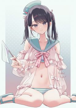 Rule 34 | 1girl, bikini, blue eyes, blush, flag, hair ornament, hair ribbon, hairclip, hat, highres, holding, holding flag, idolmaster, idolmaster shiny colors, kazano hiori, kinukinu otofu, mini flag, mole, mole under mouth, polka dot, polka dot background, ribbon, sailor collar, sailor hat, sandals, sitting, solo, striped bikini, striped clothes, swimsuit, twintails, white flag