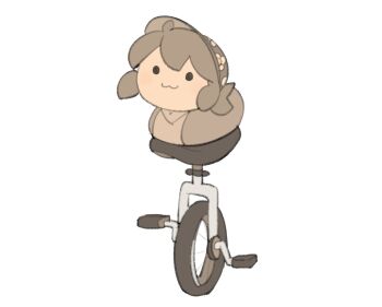 :3 brown_hair brown_hat closed_mouth commentary english_commentary floral_print floral_print_hat full_body hat highres on_unicycle original print_hat simple_background smile solo tem_loaf_(temmie_chang) temmie_chang temmie_chang_(character) unicycle white_background