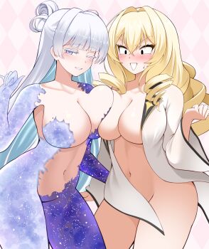 2girls asymmetrical_docking blonde_hair bodysuit breast_press breasts colored_eyelashes colored_inner_hair commentary_request crown_(naked_king)_(nikke) crown_(nikke) drill_hair goddess_of_victory:_nikke highres large_breasts long_hair mole mole_on_breast mole_under_eye multicolored_bodysuit multicolored_hair multiple_girls murakumi883 naked_robe navel nayuta_(nikke) nayuta_(wu_wei)_(nikke) official_alternate_costume one_eye_closed robe space_skin split-color_clothes thick_eyelashes two-tone_bodysuit unusually_open_eyes white_eyelashes white_hair white_robe