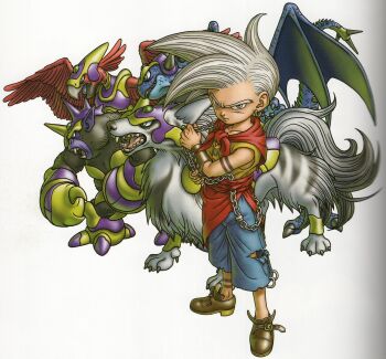 1boy 4others absurdres arm_guards arm_tattoo bat_wings black_fur blue_eyes blue_pants blue_scales brown_shoes capri_pants chain collarbone creature_request dragon_quest dragon_quest_monsters dragon_quest_monsters_joker earrings feathers gem gold_earrings gorilla green_eyes green_gemstone hero_(dqmj) highres holding holding_chain hoop_earrings jewelry looking_ahead looking_at_viewer looking_up multiple_others neckerchief official_art pants red_feathers red_neckerchief red_sash ring sash scan shoes short_hair single_earring spiked_hair tattoo third-party_source toriyama_akira torn_clothes torn_pants vest white_background white_fur white_hair wings wolf wulfspade yellow_vest