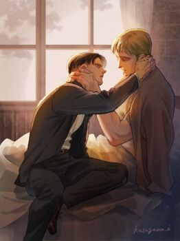 Rule 34 | 2boys, belt, belt buckle, black pants, black shoes, black suit, blonde hair, brick wall, brown hair, buckle, commentary request, curtains, dress shoes, erwin smith, eye contact, formal clothes, hand on another's neck, highres, indoors, jacket, kasagana i, layered sleeves, levi (shingeki no kyojin), long sleeves, looking at another, male focus, multiple boys, pants, pillow, shingeki no kyojin, shirt, shoes, sitting, smile, suit, suit jacket, under covers, white shirt, window, yaoi