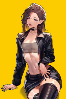 1girl arm_support artist_name asymmetrical_hair black_choker black_jacket black_nails black_skirt blush breasts brown_hair choker closed_mouth collarbone commentary cropped_jacket english_commentary fingernails highleg highleg_panties inhoso instagram_logo jacket latex latex_thighhighs leaning_to_the_side leather leather_jacket leather_skirt light_smile lipgloss long_hair looking_at_viewer midriff mole mole_on_neck nail_polish open_clothes open_jacket original panties patreon_logo pear-shaped_figure pencil_skirt pointy_ears red_eyes sharp_fingernails simple_background sitting skirt small_breasts solo strapless thighhighs toned toned_female tube_top twitter_logo underwear wide_hips yellow_background