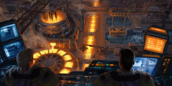 2boys 2others ambiguous_gender catwalk_(walkway) commentary concept_art crane_(machine) dust_514 eve_online glowing glowing_hot highres industrial industrial_pipe molten_metal multiple_boys multiple_others scenery science_fiction screen short_hair will_burns