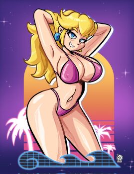 1girl armpits arms_behind_head artist_name bikini blonde_hair blue_eyes breasts cleavage curvy half-closed_eyes highres large_breasts legs long_hair looking_at_viewer mario_(series) nanus360 navel nintendo parted_lips pink_bikini princess princess_peach seductive_gaze seductive_smile smile solo swimsuit teeth thick_thighs thighs thong_bikini wide_hips