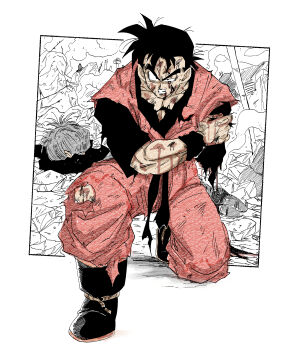 2boys amputee battle_damage black_hair black_shirt blood blood_from_forehead dougi dragon_ball dragonball_z fenyon highres limited_palette multiple_boys muscular muscular_male on_one_knee orange_pants orange_shirt pants partially_colored shirt short_hair solo_focus son_gohan son_gohan_(future) spiked_hair trunks_(dragon_ball) trunks_(future)_(dragon_ball)