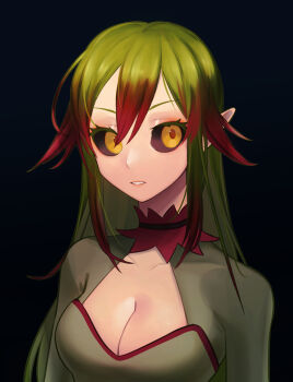 Rule 34 | 1girl, black background, black sclera, breasts, bustier, choker, cleavage, cleavage cutout, clothing cutout, colored sclera, cropped torso, espinas, green hair, green sleeves, highres, looking at viewer, medium breasts, monster hunter (series), monster hunter frontier, multicolored hair, parted lips, personification, pointy ears, red choker, red hair, solo, two-tone hair, user ttug5452, yellow eyes