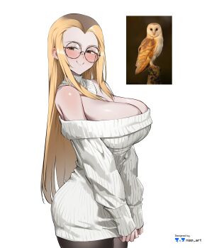 absurdres bare_shoulders barn_owl bird blonde_hair blush breasts brown_hair cleavage dress highres large_breasts nisp_art original owl pantyhose reference_inset ribbed_sweater round_eyewear simple_background smile sweater sweater_dress turtleneck turtleneck_sweater white_background