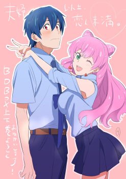 1boy 1girl absurdres arms_around_neck blue_bow blue_hair blue_necktie blue_shirt blue_skirt blush bow clothing_cutout collared_shirt commentary cone_hair_bun couple double_bun earrings from_side fuufu_ijou_koibito_miman. green_eyes hair_bun heart heart_earrings hetero highres hug jewelry kobayashi_chizuru necktie pink_background pink_hair pink_nails red_eyes school_uniform shirt shoulder_cutout skirt smile watanabe_akari yakuin_jirou