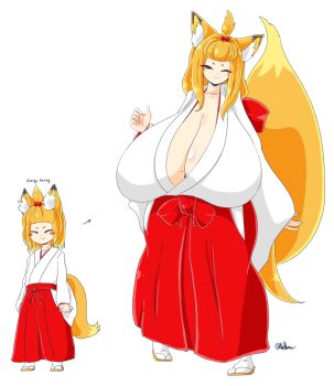 1girl ahoge animal_ear_fluff animal_ears ayazumi_flutter before_and_after blonde_hair breast_expansion breasts cleavage closed_eyes female_focus fox_ears fox_girl fox_tail full_body gigantic_breasts growth japanese_clothes looking_at_viewer miko mole mole_on_breast one_eye_closed red_cheeks sandals shiny_skin smile solo standing tail tail_raised white_background wink