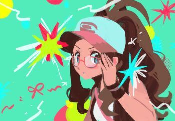 1girl baseball_cap black_vest blue_eyes brown_hair commentary glasses hat high_ponytail highres hilda_(pokemon) nintendo open_clothes open_vest poke_ball poke_ball_print pokemon pokemon_black_and_white ponytail round_eyewear shorts solo tastemamamia untranslatable_commentary vest wristband