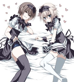 Rule 34 | 2boys, @ @, apron, arm support, bed sheet, black collar, black dress, black headdress, black thighhighs, black wrist cuffs, blue eyes, blue male underwear, blush, boxers, brown eyes, brown hair, closed mouth, clothes lift, collar, crossdressing, crossdressing (mtf), dot nose, dress, embarrassed, feet out of frame, frilled collar, frilled dress, frilled sleeves, frills, hair between eyes, hair flaps, heart, highres, kasukasugom1, kusanagi naoya, lifting own clothes, looking at viewer, lying, maid, maid apron, maid headdress, male underwear, multiple boys, natsume kei (sakura no uta), no shoes, on bed, on side, puffy short sleeves, puffy sleeves, sakura no uta, sheet grab, short hair, short sleeves, simple background, skirt, skirt lift, smile, sweatdrop, teeth, thighhighs, two-tone dress, underwear, waist apron, white apron, white background, white hair, white thighhighs, wispy bangs, wrist cuffs, zettai ryouiki