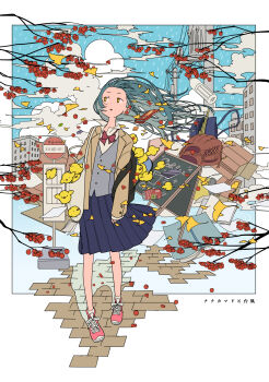 Rule 34 | 1girl, absurdres, animal, baby animal, backpack, bag, baseball glove, berry, bird, blazer, blue hair, book, bow, bowtie, box, brick road, cardboard box, chick, collared shirt, commentary request, day, falling leaves, falling petals, full body, ginkgo leaf, hashimochi, highres, jacket, leaf, long hair, long sleeves, looking to the side, menu board, open clothes, open jacket, open mouth, original, outdoors, petals, plastic bottle, pleated skirt, popped collar, rain, road sign, shirt, shoes, sign, skirt, sky, sneakers, socks, solo, tote bag, translation request, tree, wind, yellow eyes