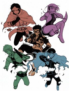 Rule 34 | 1girl, 4boys, adjusting clothes, amputee, arafune squad's uniform, arm blade, artist name, backwards hat, bagworm (world trigger), baseball cap, bisected, black gloves, black hair, black hat, black jacket, black pants, boots, breasts, bullet hole, cape, commentary, cropped jacket, double amputee, elbow gloves, full body, gloves, goggles, gun, gunshot wound, hanzaki yoshito, hat, headphones, highres, holding, holding gun, holding sword, holding weapon, ikoma squad's uniform, ikoma tatsuhito, jacket, katori squad's uniform, katori youko, knee blade, kogetsu (world trigger), kuruma tatsuya, long hair, long sleeves, medium hair, mole, mole under eye, multiple boys, multiple monochrome, oki kouji, omuimui5, open mouth, pants, parted lips, severed arm, severed limb, severed torso, short hair, short jumpsuit, short sleeves, simple background, sword, thigh boots, twitter username, weapon, white background, world trigger