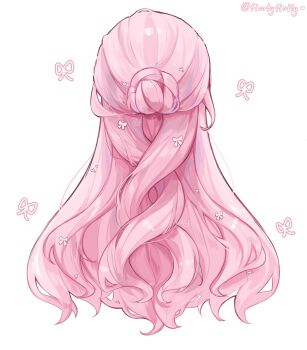 Rule 34 | 1girl, braid, character request, commentary, copyright request, cropped torso, english commentary, floofyfloffy, from behind, hair bun, hair focus, highres, long hair, pink hair, ribbon, simple background, single braid, single hair bun, solo, twitter username, very long hair, wavy hair, white background