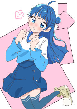 Rule 34 | 1girl, :o, ?, absurdres, ahoge, akizora (aki precure), alternate hairstyle, blue shirt, blue skirt, blue thighhighs, commentary, cut bangs, hair bun, hair ribbon, highres, hirogaru sky! precure, leg up, light frown, long hair, looking at viewer, miniskirt, open mouth, pleated skirt, precure, ribbon, shirt, shoes, single hair bun, skirt, sneakers, solo, sora harewataru, spoken question mark, standing, standing on one leg, t-shirt, thighhighs, two-tone shirt, white ribbon, white shirt, yellow shoes