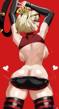 Rule 34 | 1girl, ass, backboob, blonde hair, blush, boots, breasts, burnice white, butt crack, clarkekitsp, clothes pull, eyewear on head, fingerless gloves, from behind, gloves, gluteal fold, hair ornament, halterneck, heart, highres, looking at viewer, motion lines, red background, red eyes, shiny skin, short shorts, shorts, shorts pull, sideboob, smile, solo, spiked belt, sunglasses, sweat, sweatdrop, thick thighs, thigh boots, thighs, underbust, v, zenless zone zero