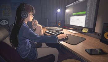 1girl absurdres akg at_computer bang_dream! bang_dream!_it&#039;s_mygo!!!!! blue_shirt blue_shorts cellphone chair cloud_nine_(798392138) commentary computer_keyboard computer_mouse highres instrument keyboard_(instrument) lamp long_hair long_sleeves monitor pajamas phone purple_eyes shiina_taki shirt shorts smartphone solo speaker stuffed_animal stuffed_panda stuffed_toy