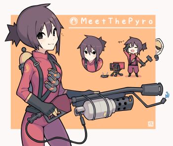 Rule 34 | 1boy, 1girl, absurdres, black eyes, black footwear, black gloves, blu spy (tf2), blush stickers, bodysuit, breasts, brown hair, engineer (tf2), english text, explosive, fizzy (fizzywattr), flamethrower, genderswap, genderswap (otf), gloves, grenade, hair between eyes, hammer, highres, holding, holding flamethrower, holding hammer, holding weapon, looking at viewer, mask, parted bangs, pyro (tf2), red bodysuit, red pyro (tf2), sentry, short hair, simple background, small breasts, solo, spy (tf2), team fortress 2, weapon